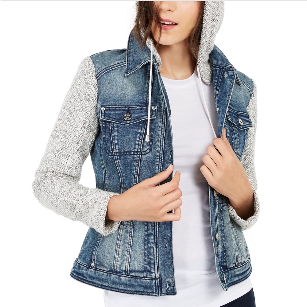 INC Knit and Denim Hoodie Jacket w/removable hood